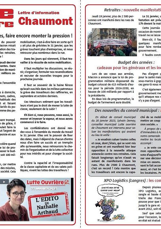 Lettre d'information Lutte ouvrière Chaumont (vendredi 27 janvier 2023)