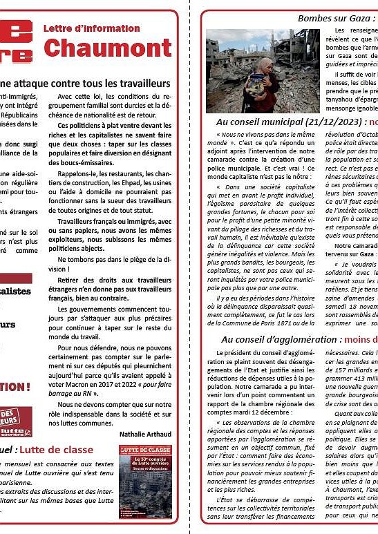 Lettre d'information Lutte ouvrière Chaumont (22 décembre 2023)